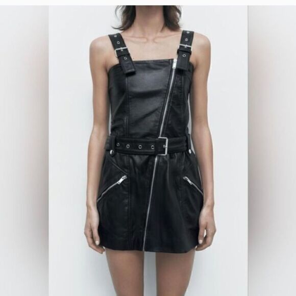 NWT LEATHER ZARA 100% SHEEP LEATHER GENUINE PURE LEATHER MOTO DRESS ZARA - Picture 15 of 15